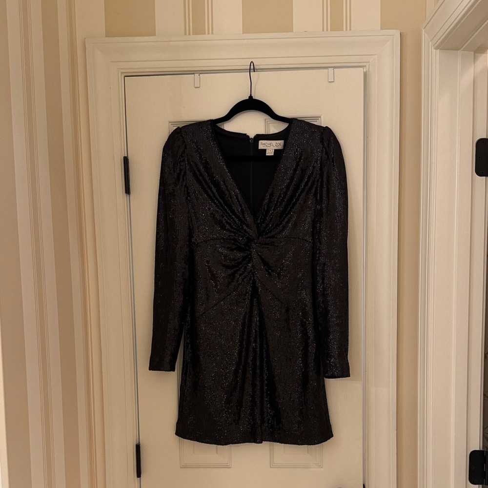 Rachel Zoe Black Sparkle Twist-Front Long-Sleeve Dress